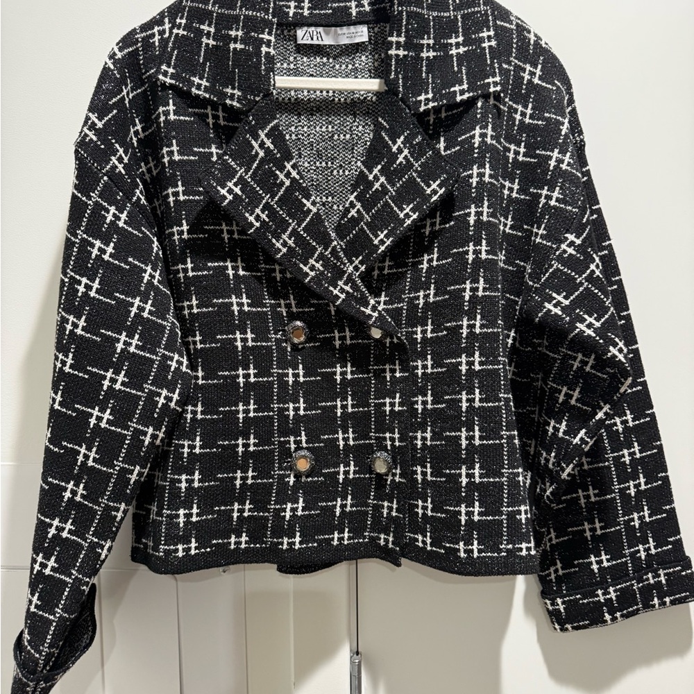 Zara Women's Black and White Checkered Blazer